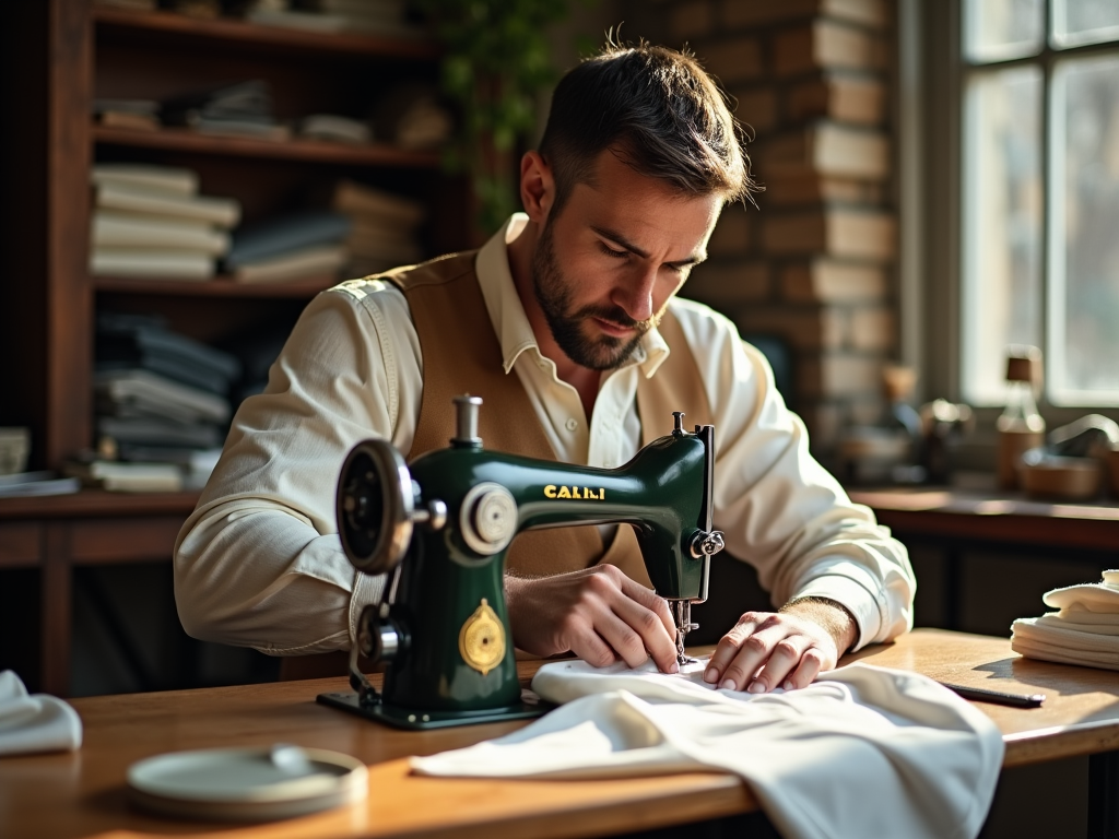 Man sewing fabric on a vintage sewing machine in a sunlit workshop.