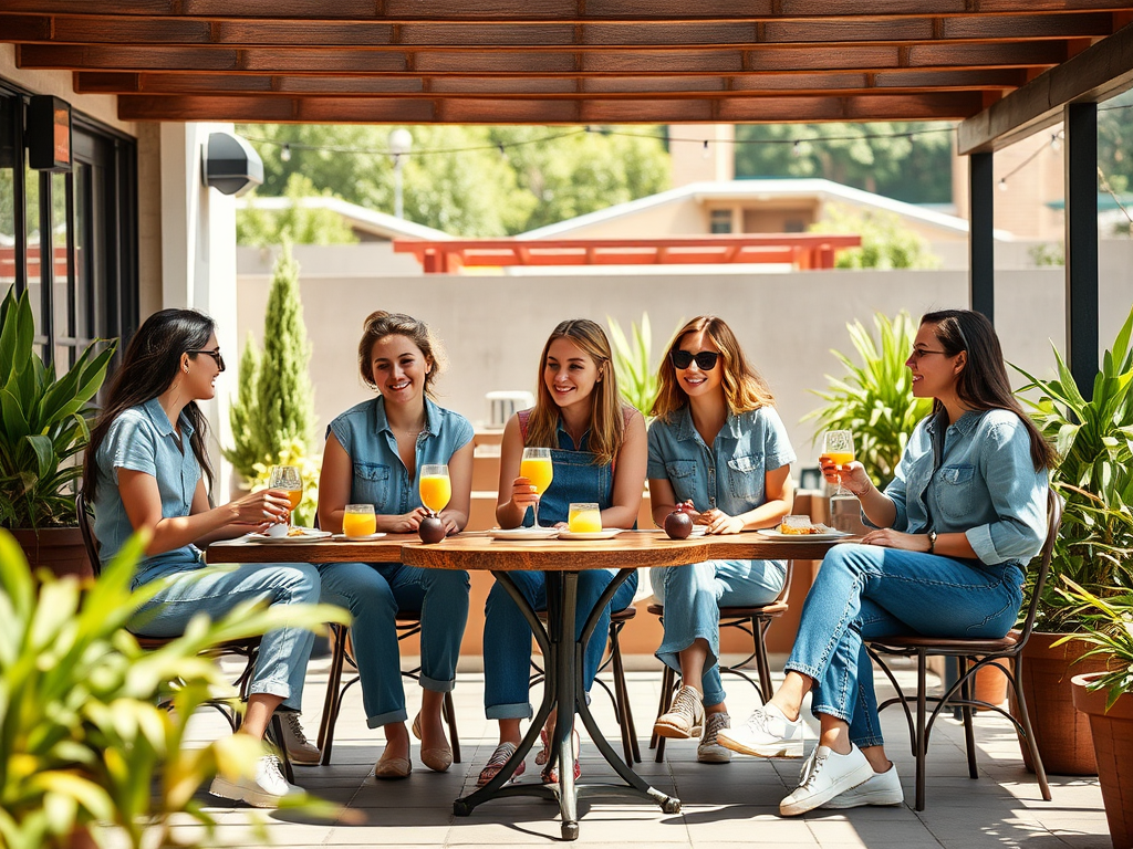 A group of five women in denim outfits enjoy drinks at an outdoor café, surrounded by greenery and sunlight.