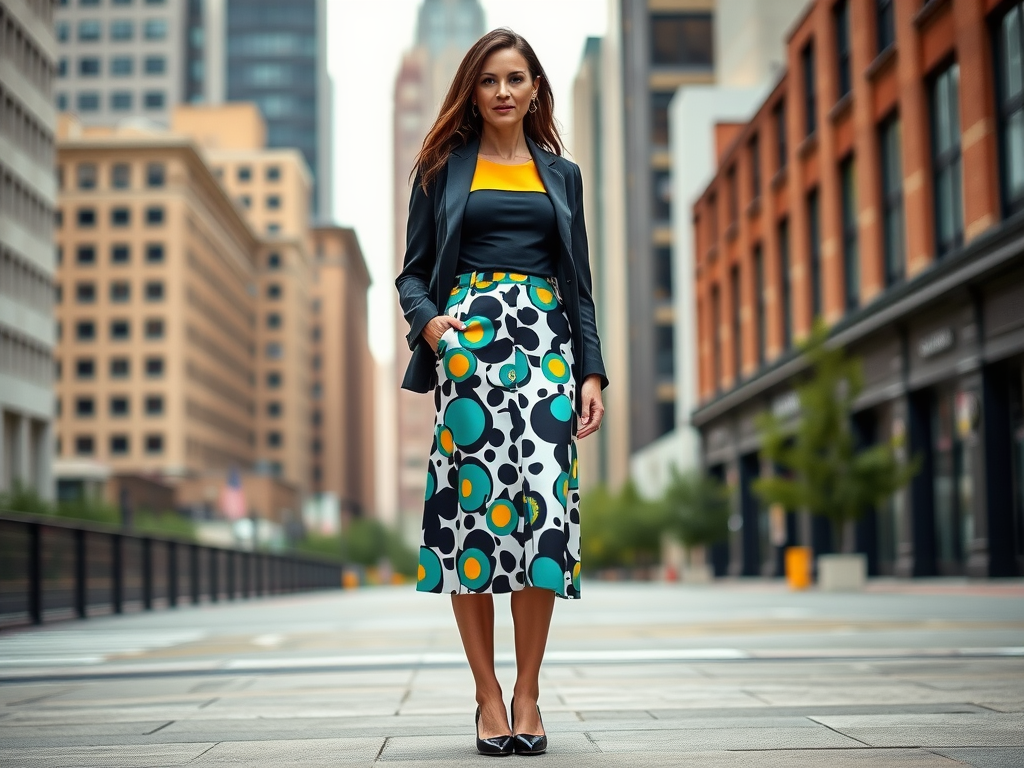 A woman in a colorful, patterned skirt and black blazer stands confidently in an urban setting.