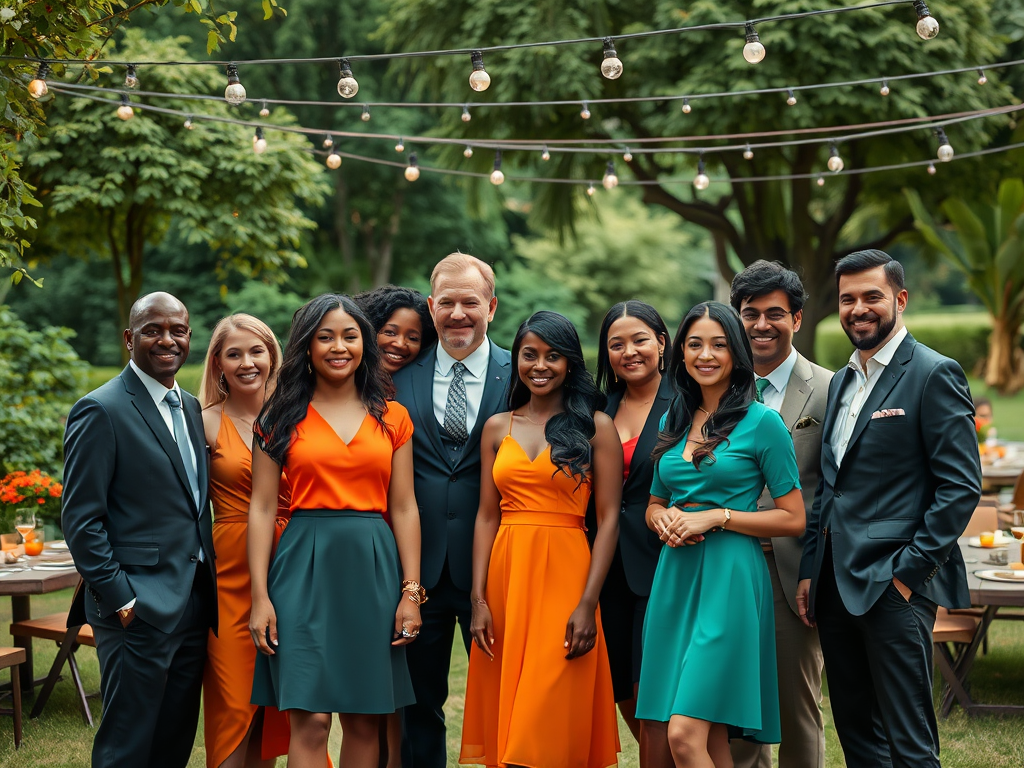 A cheerful group of nine people dressed in vibrant attire poses outdoors under string lights in a garden setting.
