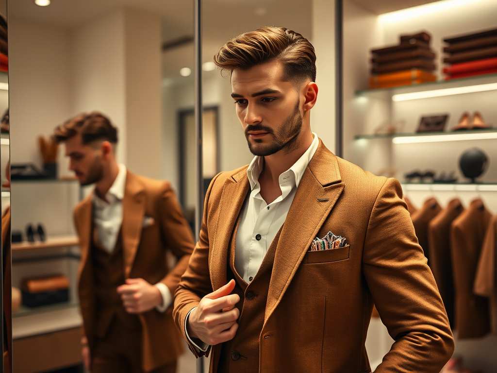 A stylish man in a brown suit stands in front of a mirror, adjusting his attire in a modern clothing store.