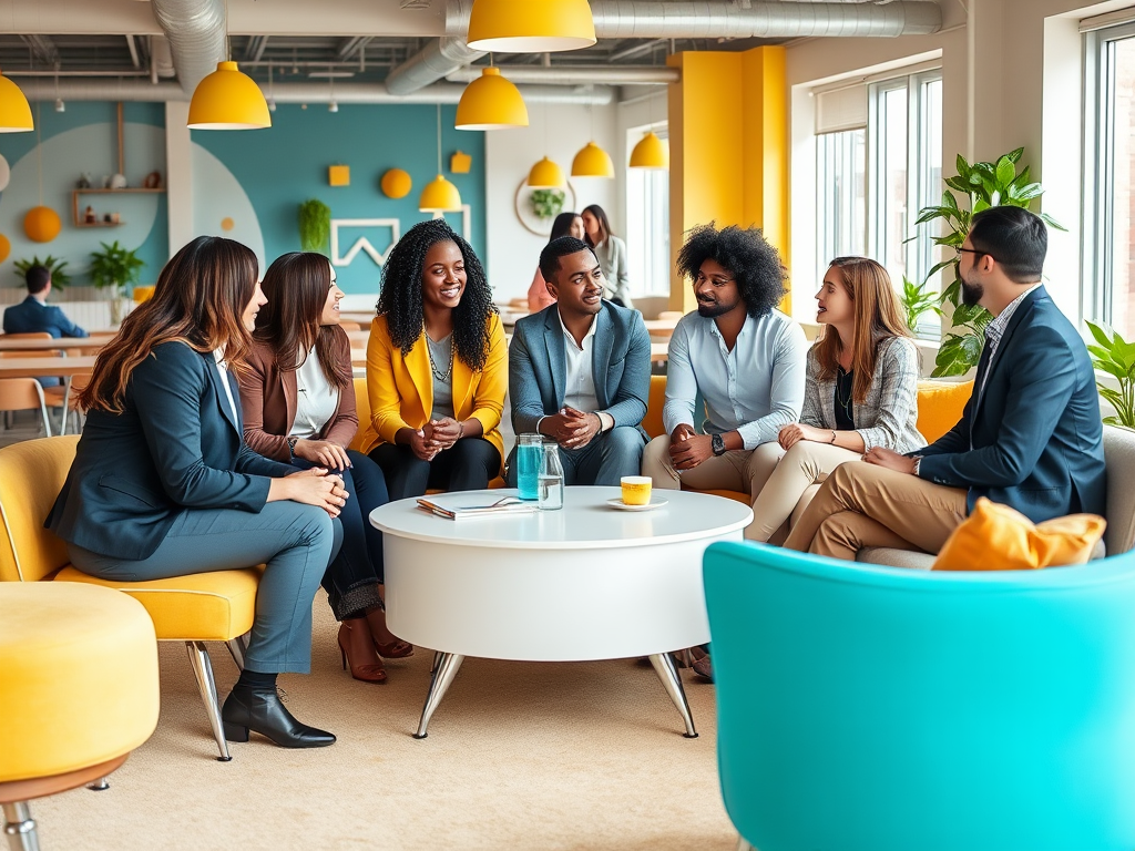 A diverse group of seven professionals engaged in a discussion in a modern, brightly colored office space.