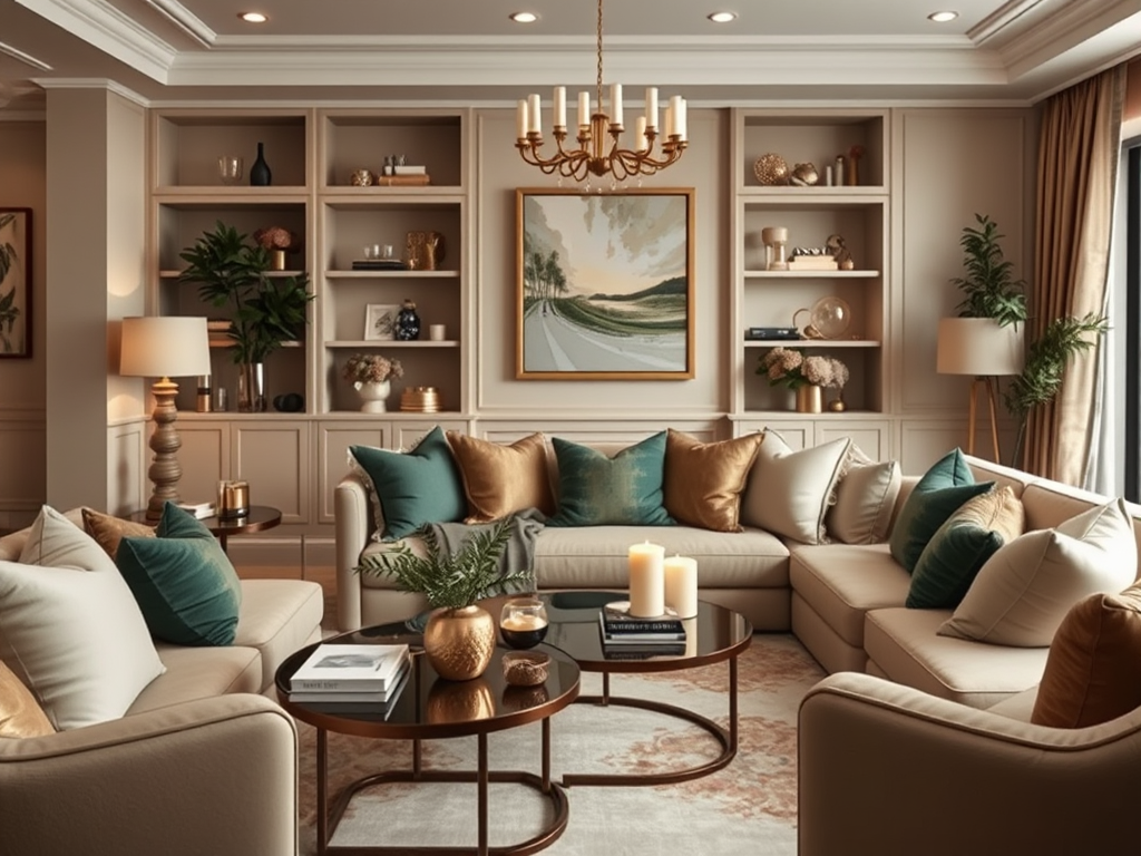 A cozy living room featuring a sectional sofa, decorative pillows, a chandelier, and tasteful shelf decor.
