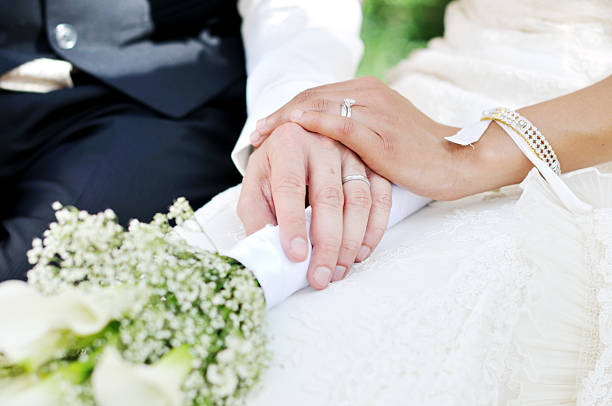 Close-up of hands showing proper way to wear wedding and engagement rings