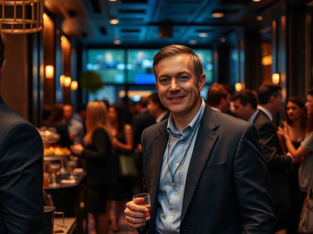 A smiling man in a suit holds a drink, surrounded by a lively group in an elegant setting.
