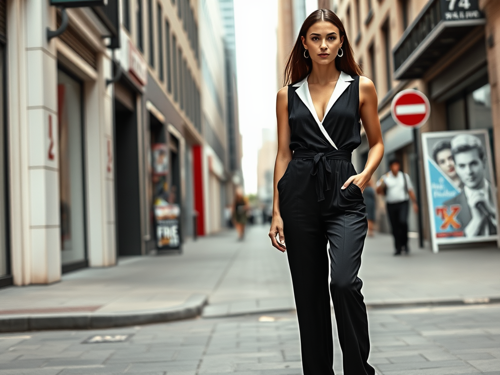 A woman in a black and white jumpsuit walks confidently down a city street surrounded by modern buildings.