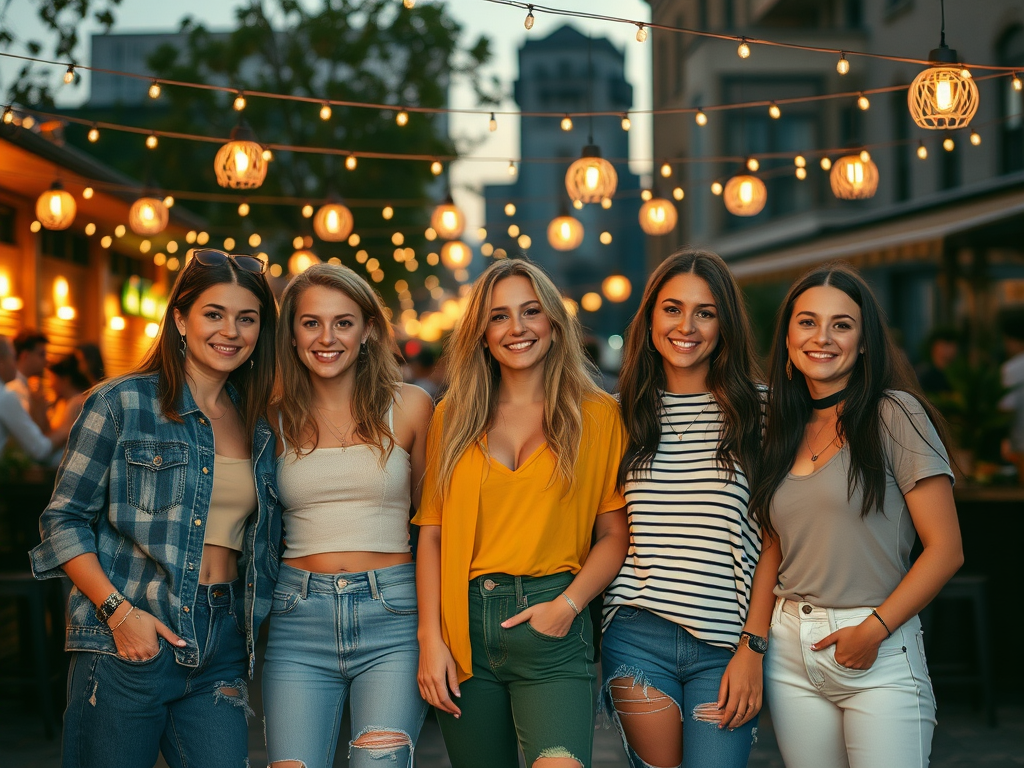 Five friends pose happily outdoors under string lights, enjoying a warm evening at a lively gathering spot.