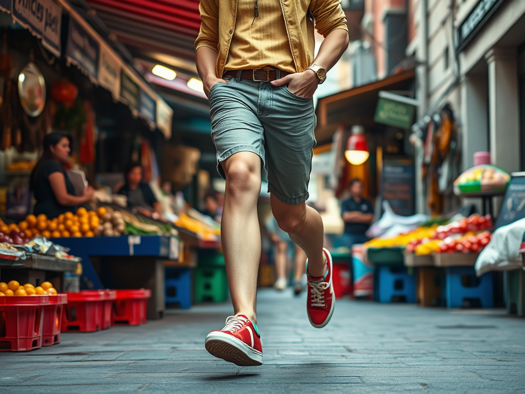A person walks quickly through a bustling market, surrounded by colorful fruit stalls and vendors.