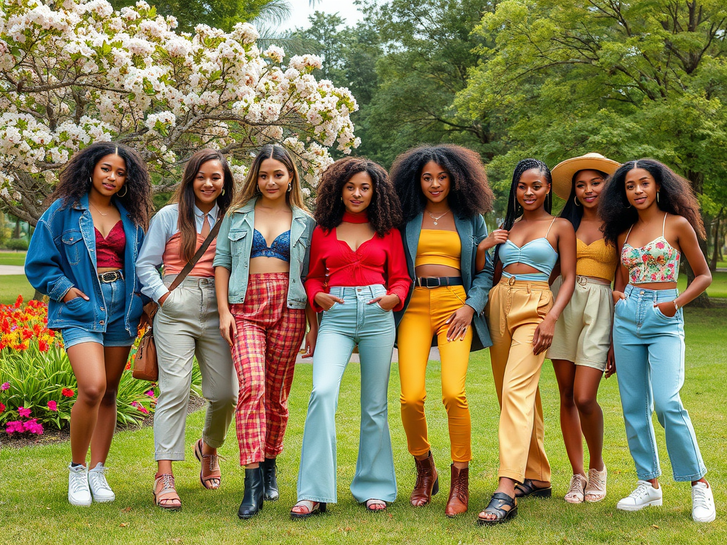 A group of eight stylish young women pose together outdoors, surrounded by flowers and greenery, showcasing vibrant outfits.