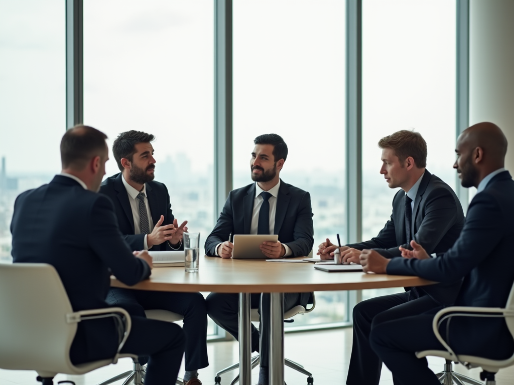 Five businessmen in suits discussing at a conference table by a large window overlooking the city.