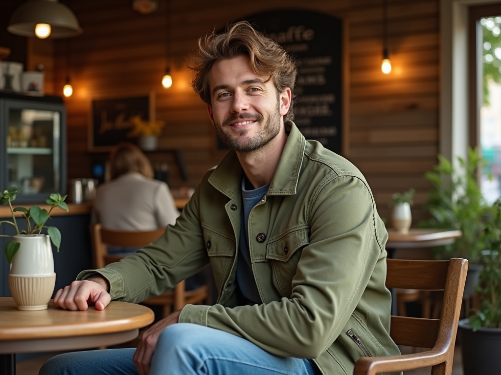 Smiling man in a green jacket sitting at a cafe table.