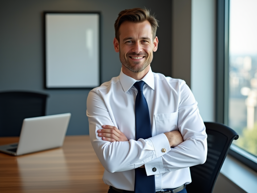 Confident businessman smiling in office, arms crossed, with laptop and chair in background.