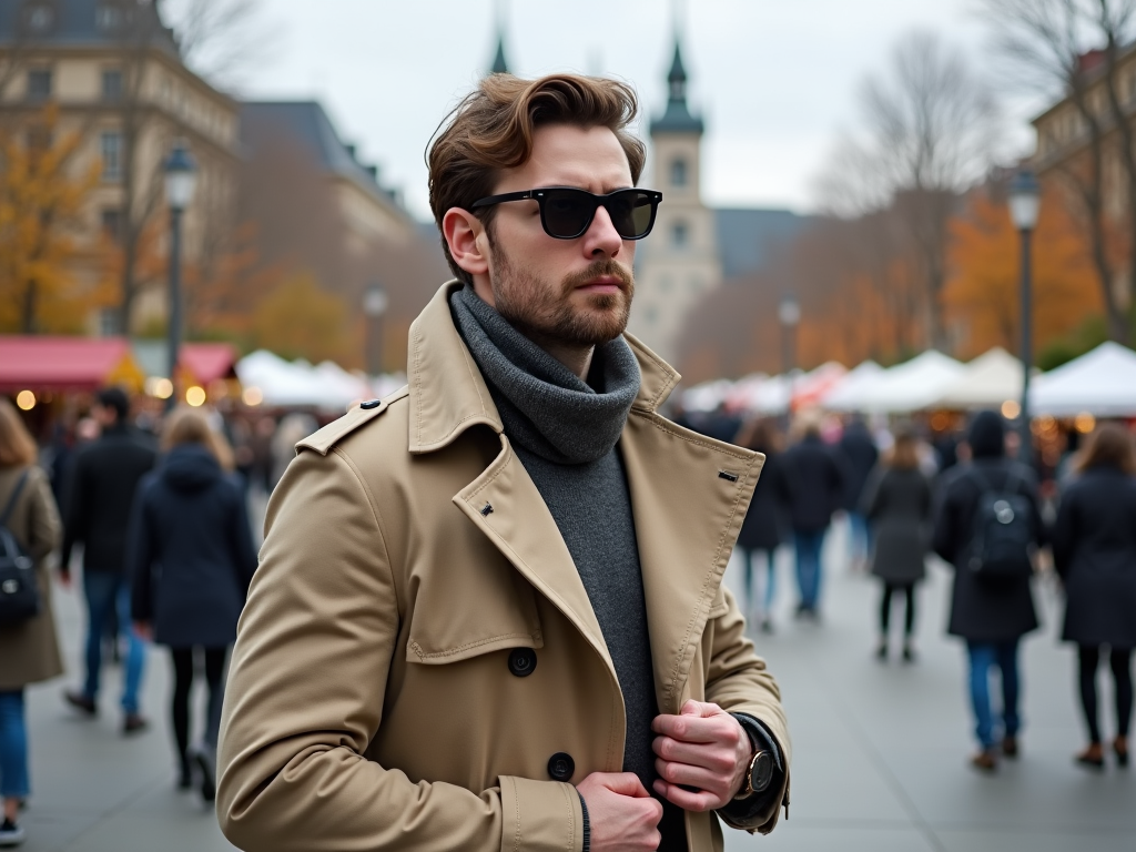 Stylish man in trench coat and sunglasses standing in a busy outdoor market.