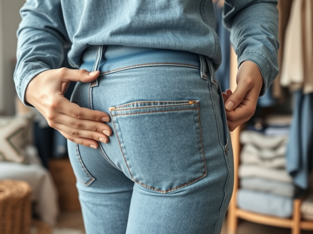 A person wearing fitted blue jeans with their hand on the back pocket in a stylish, casual setting.