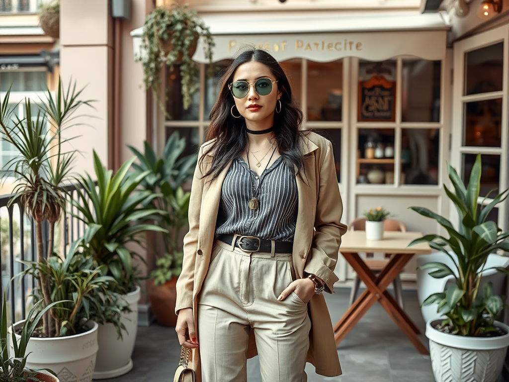 A stylish woman wearing sunglasses and a beige trench coat stands among potted plants in a café setting.