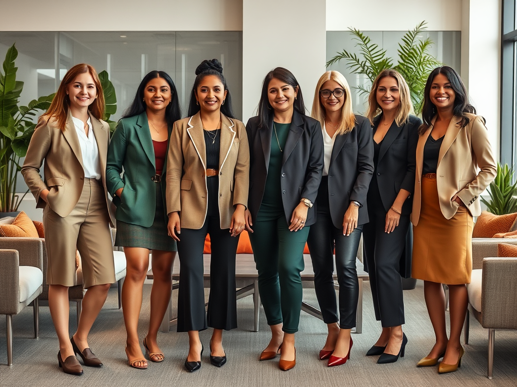 A diverse group of seven women in professional attire smiling together in a modern office setting.