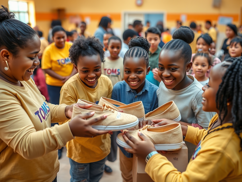 A group of smiling children joyfully receive TOMS shoes in a vibrant classroom setting.