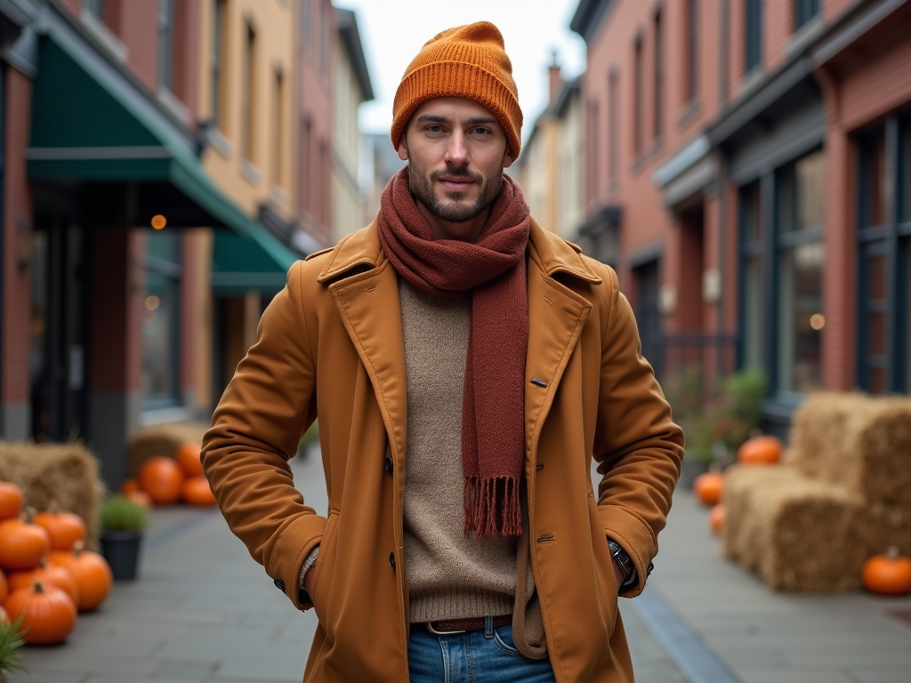 Man in orange beanie and coat stands on a street decorated with pumpkins.