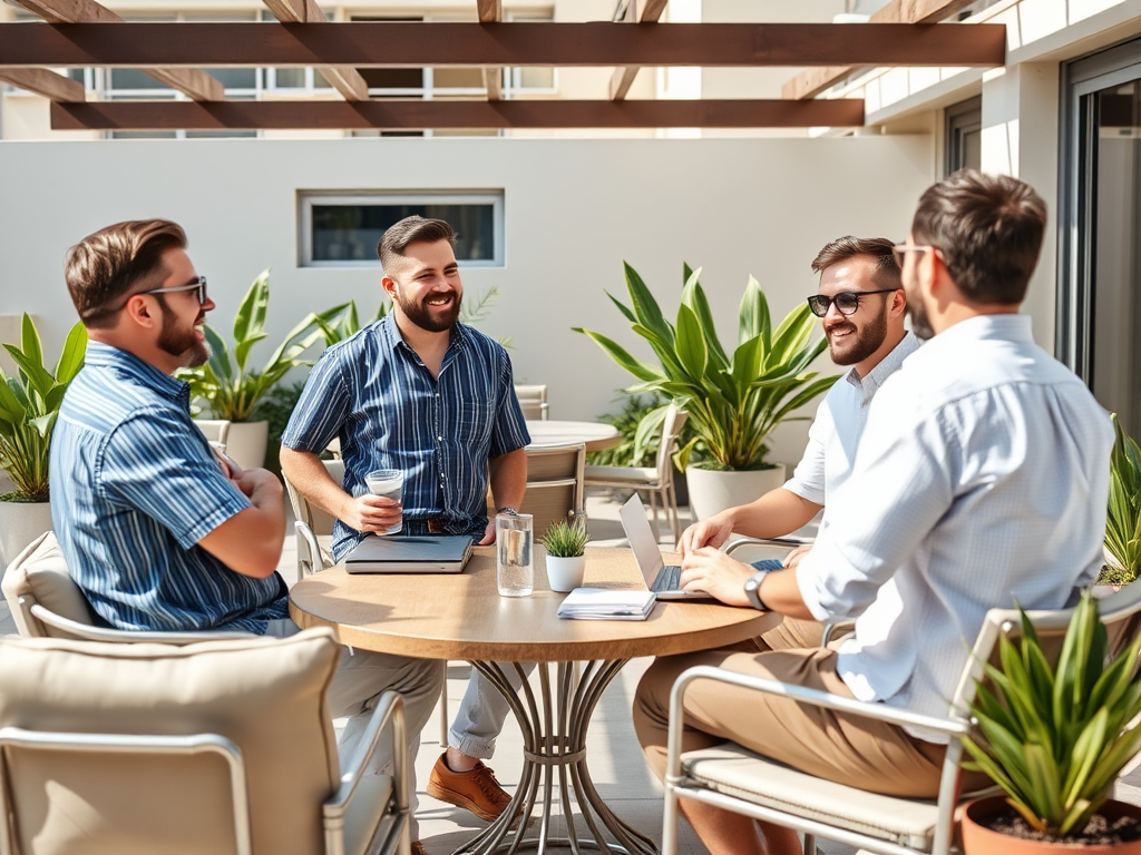 Four men sit at a table outdoors, enjoying drinks and discussing over a laptop surrounded by green plants.