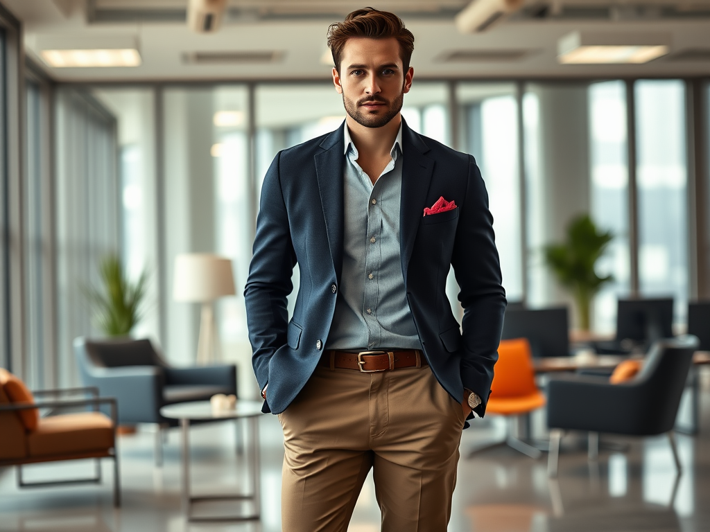 A well-dressed man in a blazer stands confidently in a modern office setting with stylish furnishings.