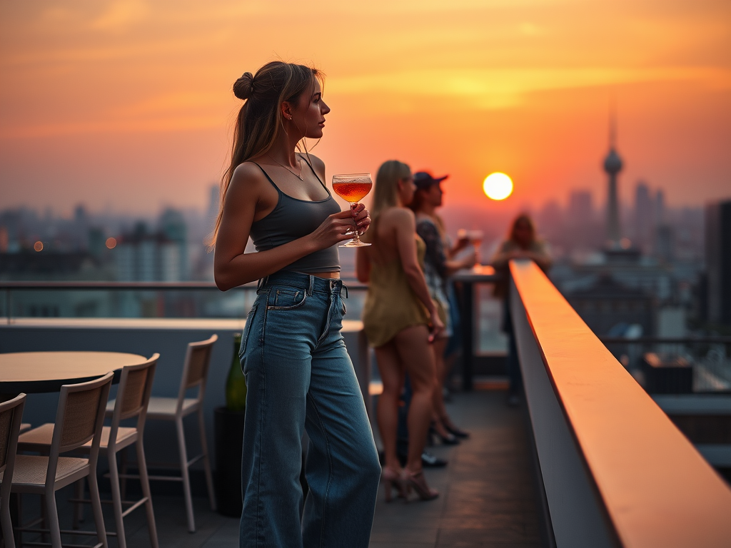 A woman holds a drink on a rooftop at sunset, with friends chatting in the background against a city skyline.