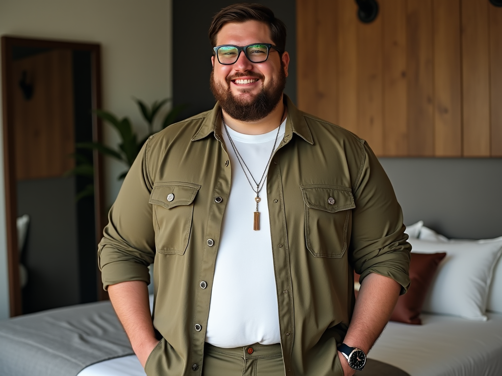 Smiling man with glasses in a green shirt standing in a modern bedroom.