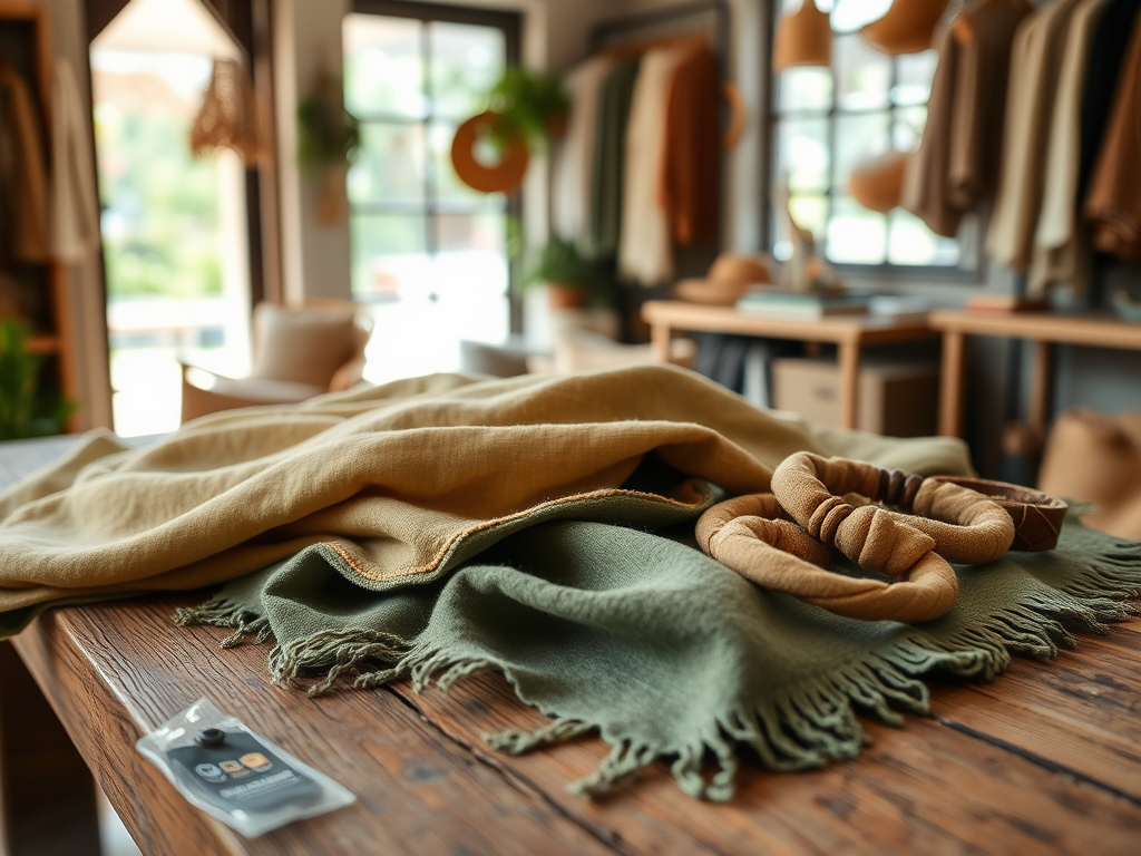 A cozy arrangement of fabric wraps and hair accessories on a wooden table in a stylish retail space.