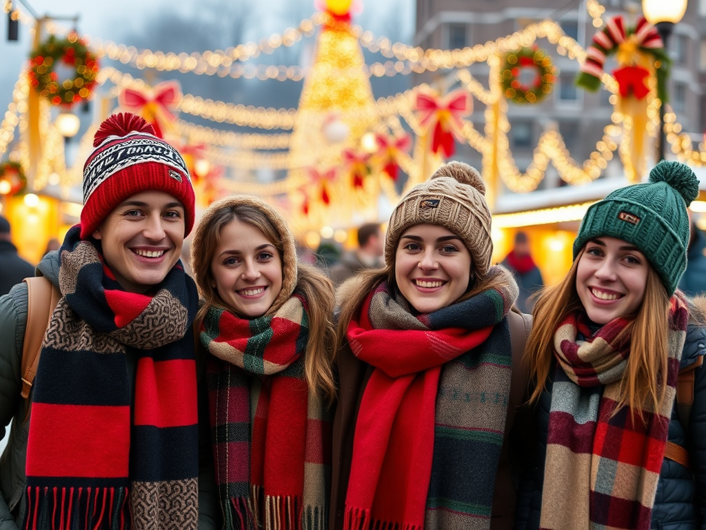 Four friends smile warmly at a festive market, wearing winter hats and cozy scarves, with holiday lights in the background.