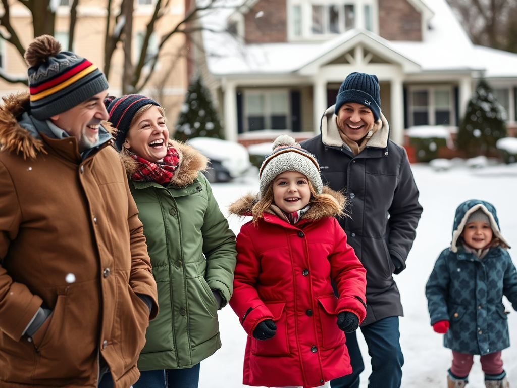 A joyful family walks together in the snow, dressed warmly in winter coats and hats, smiling and enjoying the day.