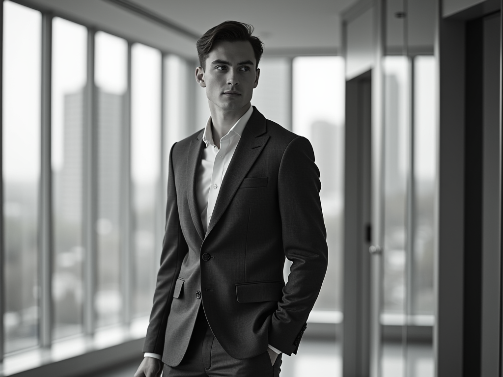 Young man in suit standing in a modern office with large windows, exuding a professional aura. Black and white.