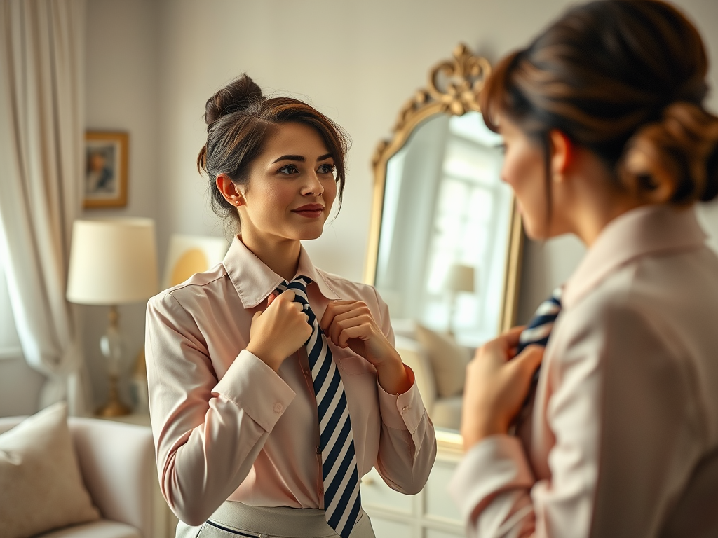 A young woman adjusts her tie while looking in the mirror, dressed in a light pink shirt and a confident expression.