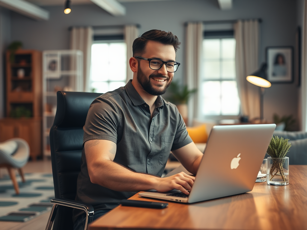 A smiling man sits at a desk with a laptop, working in a cozy, modern office space.