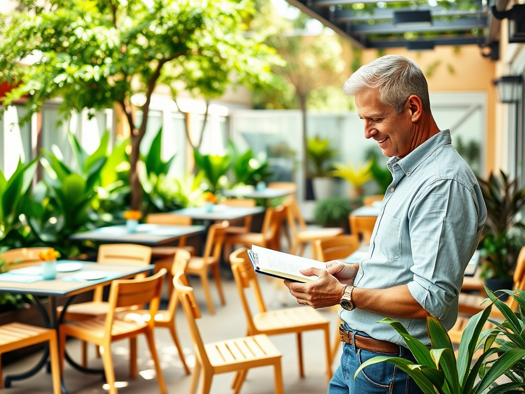 A man with silver hair reads a menu in a bright, plant-filled restaurant, smiling contentedly.