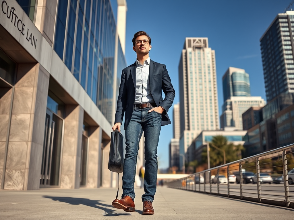 A young man in a blazer walks confidently down a city street, skyscrapers towering in the background.
